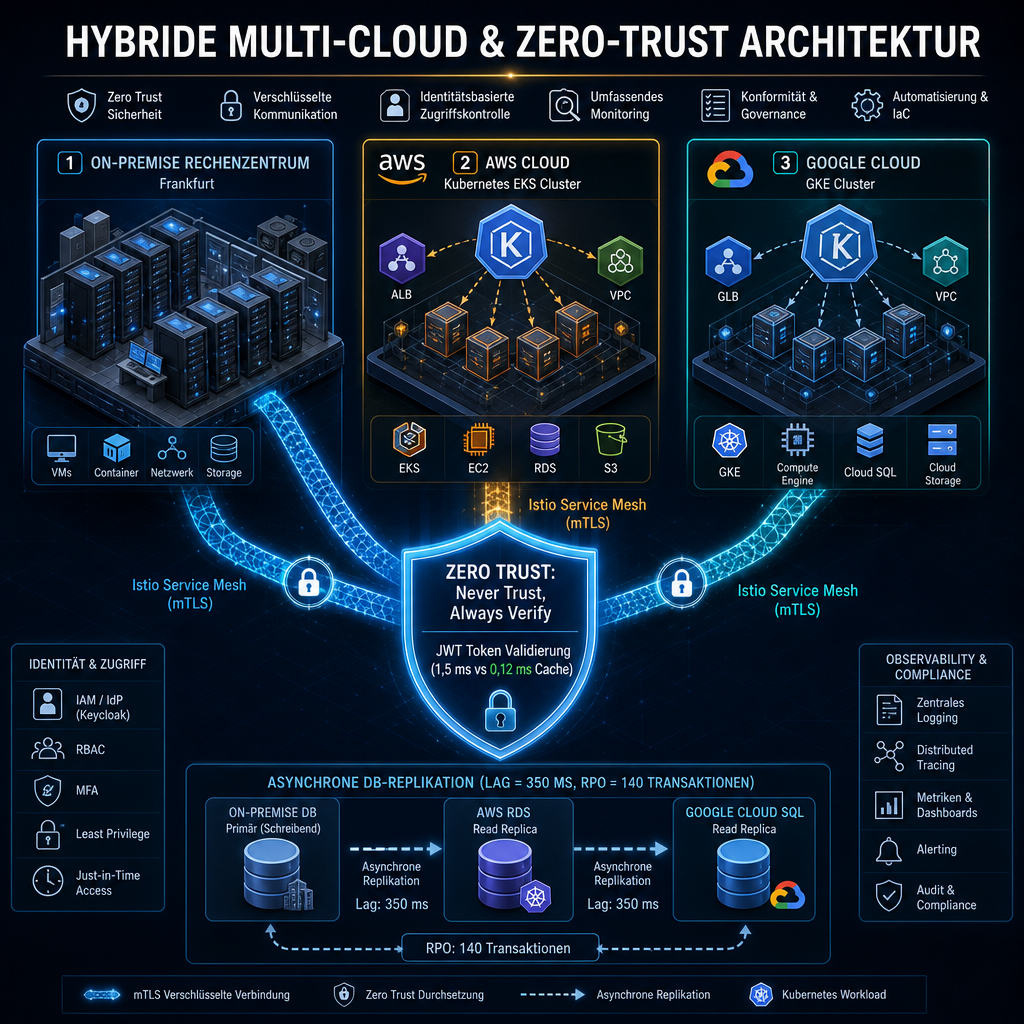 Hybride Multi-Cloud & Zero-Trust Architektur: On-Premise, AWS, Google Cloud, Istio Service Mesh und DB-Replikation